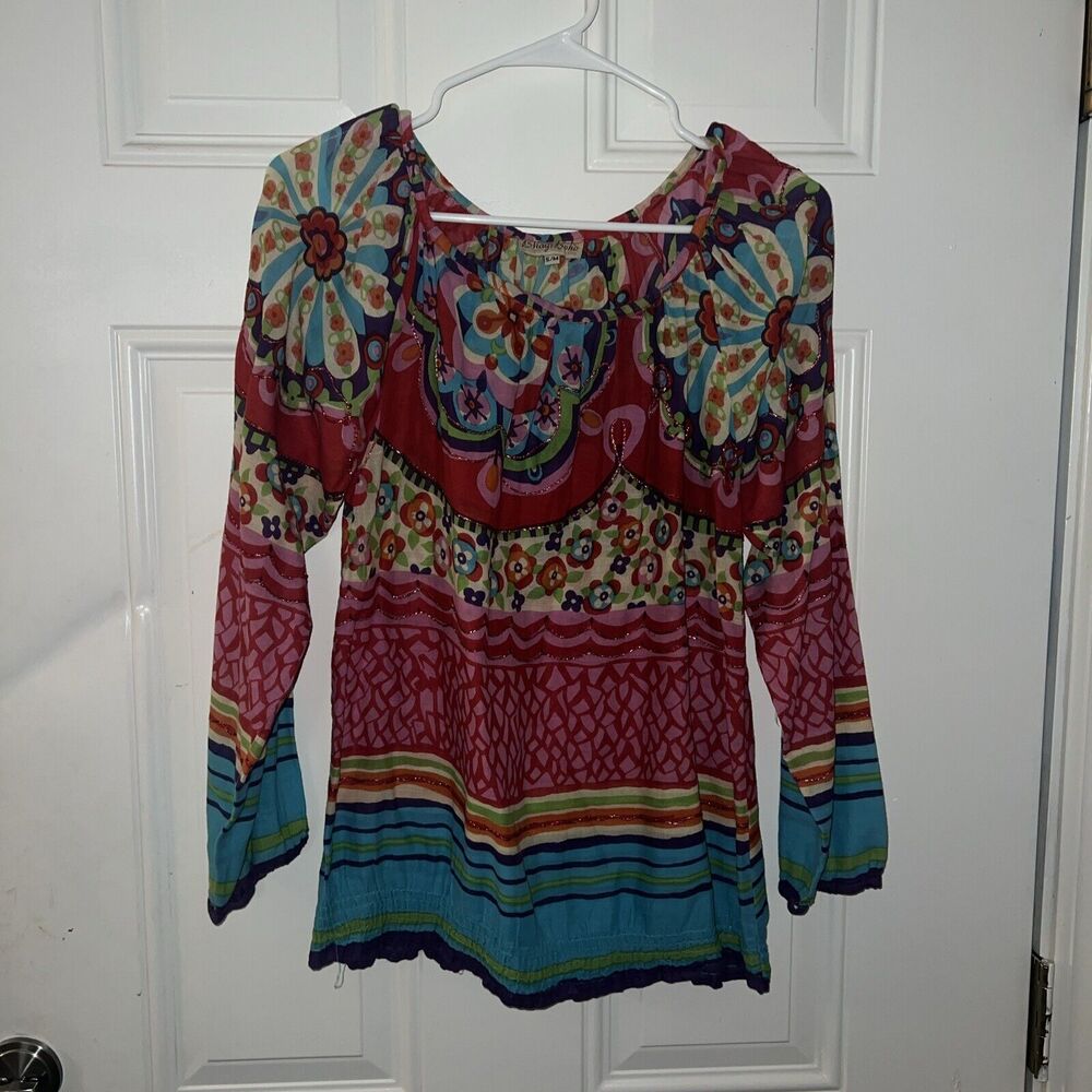 Bhag's Retro Boho Pink Green Blue Floral Lightweight  Top Women's S/M